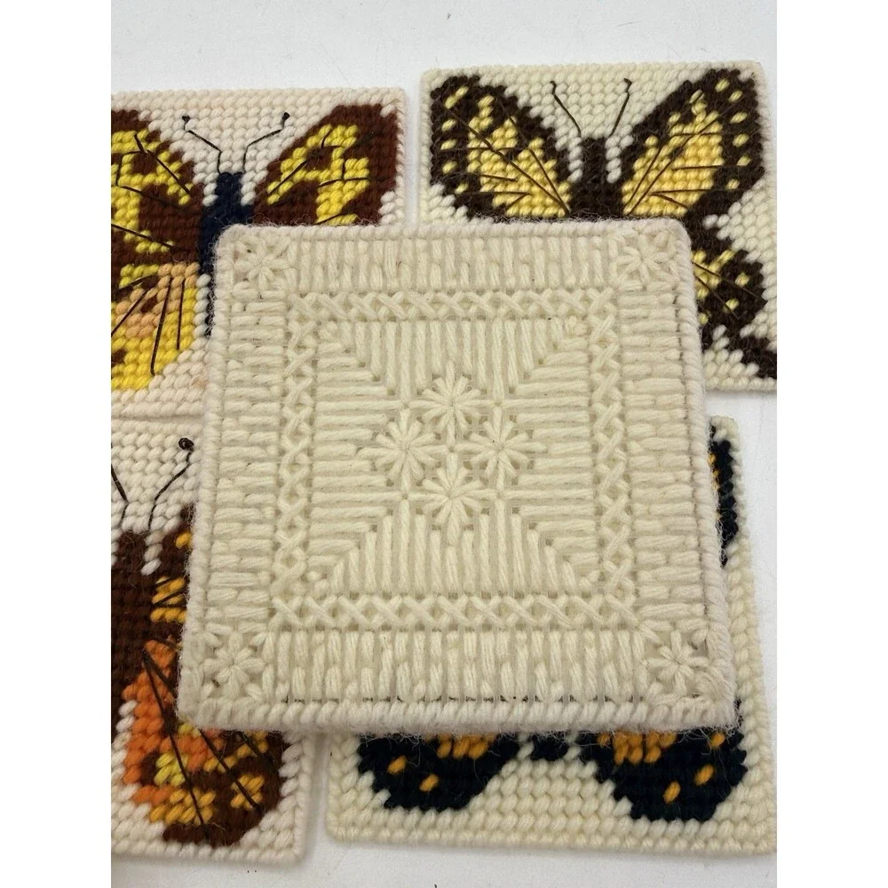 VTG 5 Butterfly Monarch + Handmade Plastic Canvas Coaster Sets w/ Basket Holder